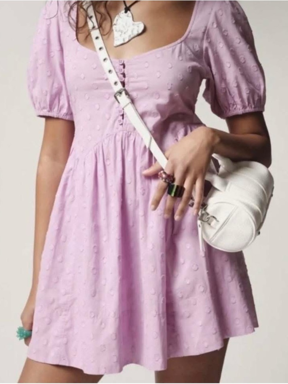 NWOT Urban Outfitters Dress Blue Puff-Sleeve Mini Dress S Basque Waist Dot